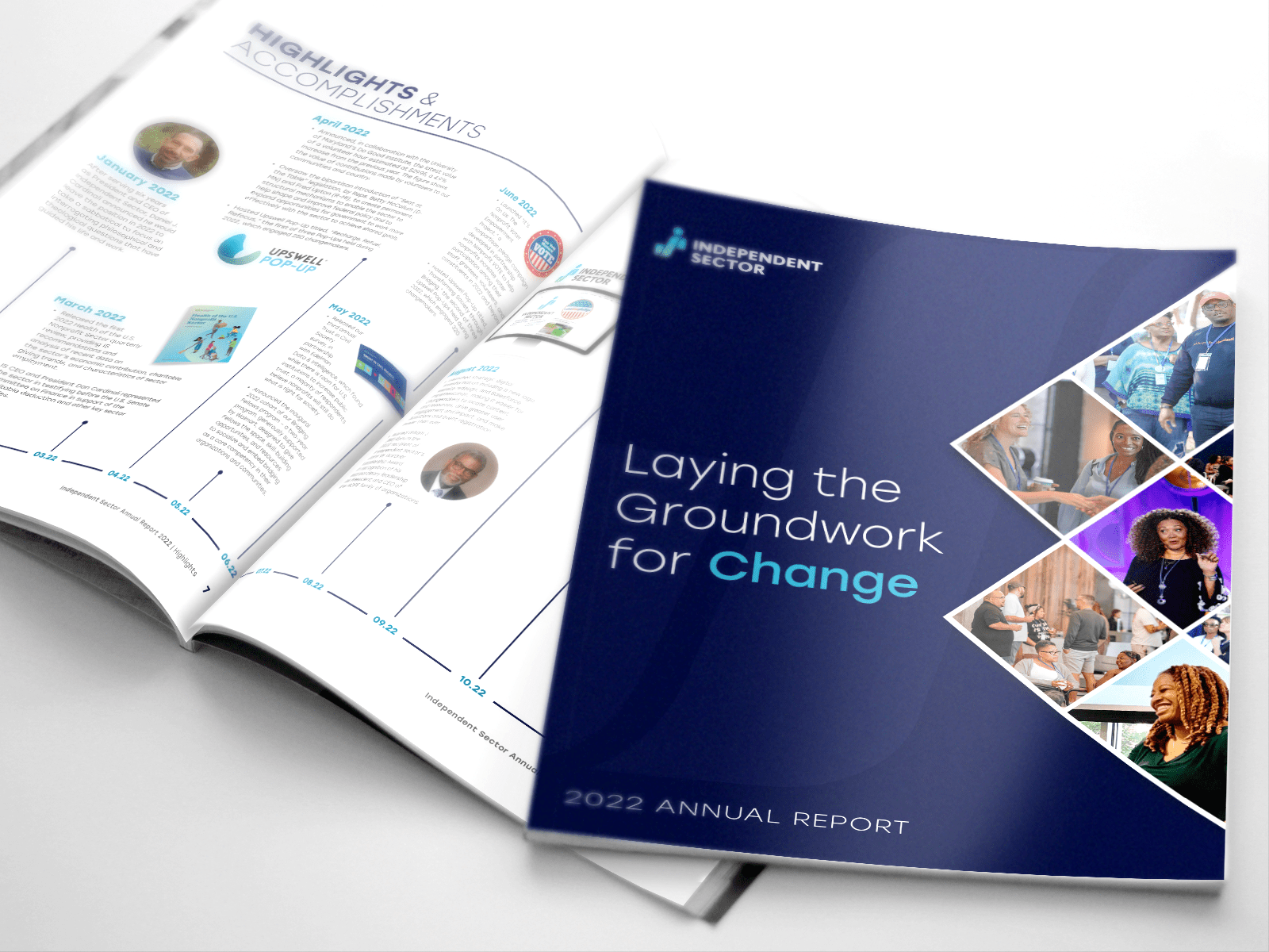 Cover and interior spread of Independent Sector's 2022 annual report, titled "Laying the Groundwork for Change."
