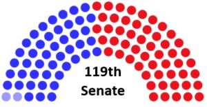 graphic illustrating the seats in the 119th senate: 53republicans illustrated by red circles, 45democrats illustrated by dark blue circles, and 2 independents caucusing with democrats illustrated by light blue circles.