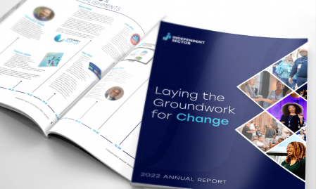 Cover and interior spread of Independent Sector's 2022 annual report, titled "Laying the Groundwork for Change."